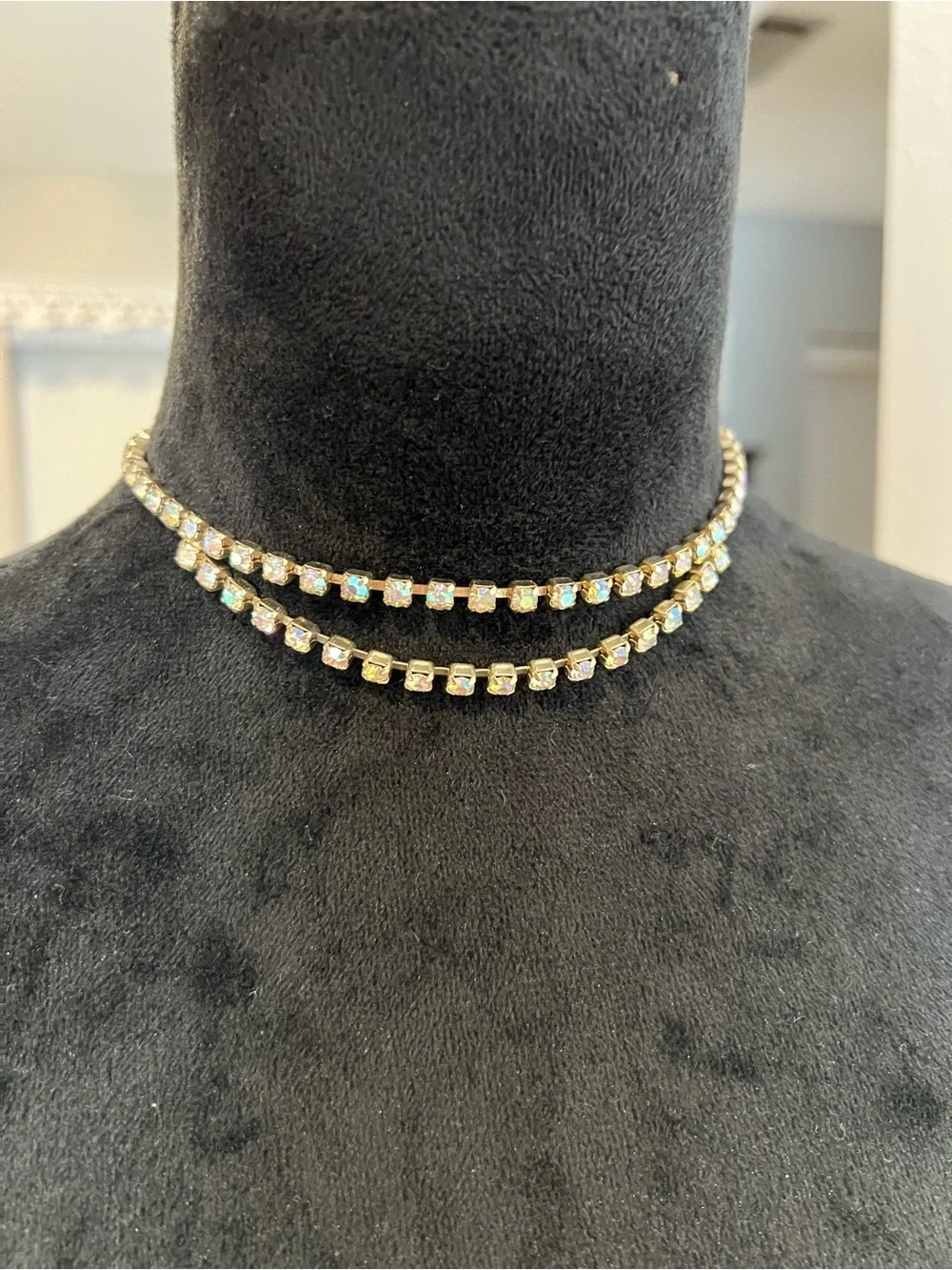 Vintage Gold-Tone Crystal Tennis Necklace - Aurora Borealis Sparkle